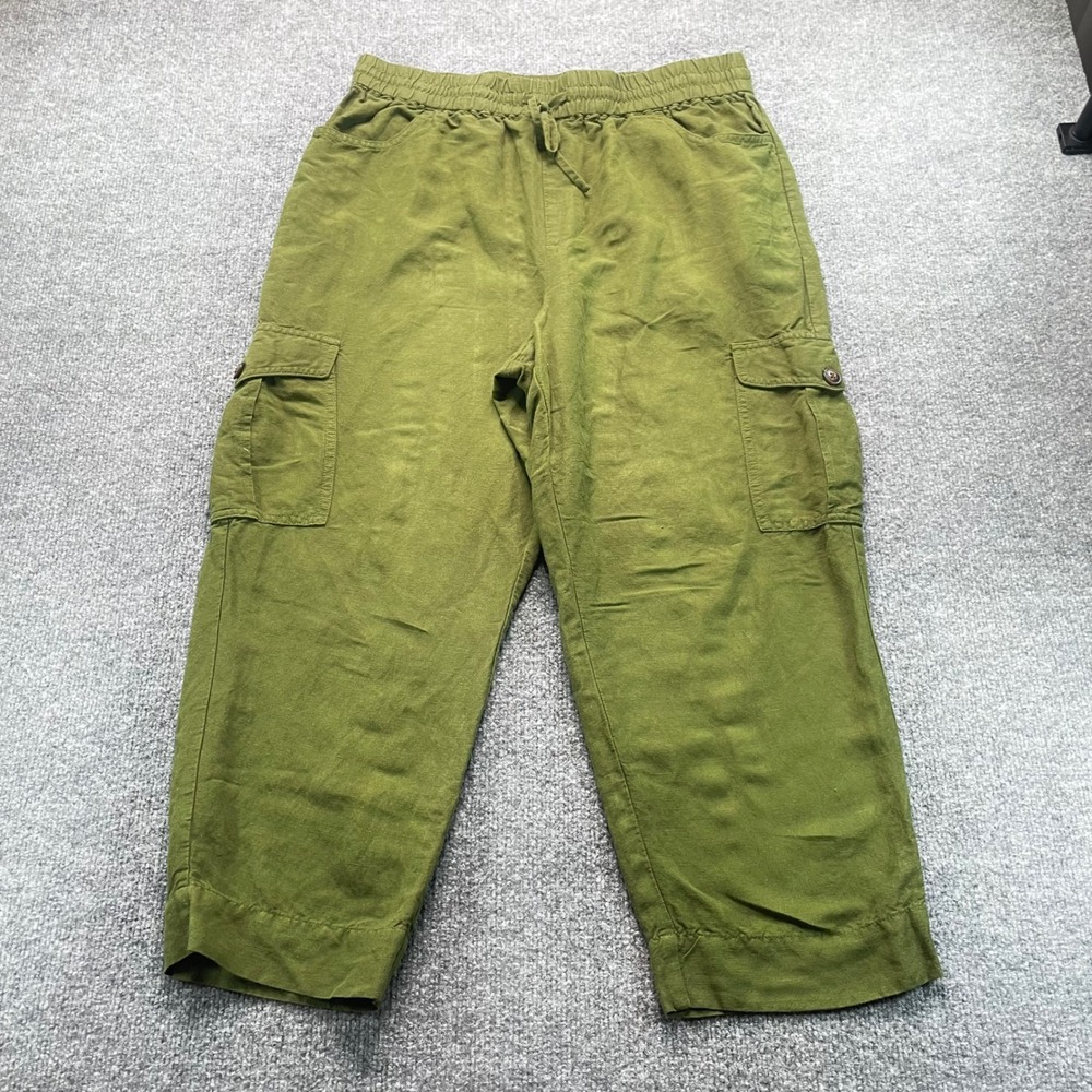 Madewell Cargo Pants Women L Military Green Linen Blend Elastic Waist Cropped